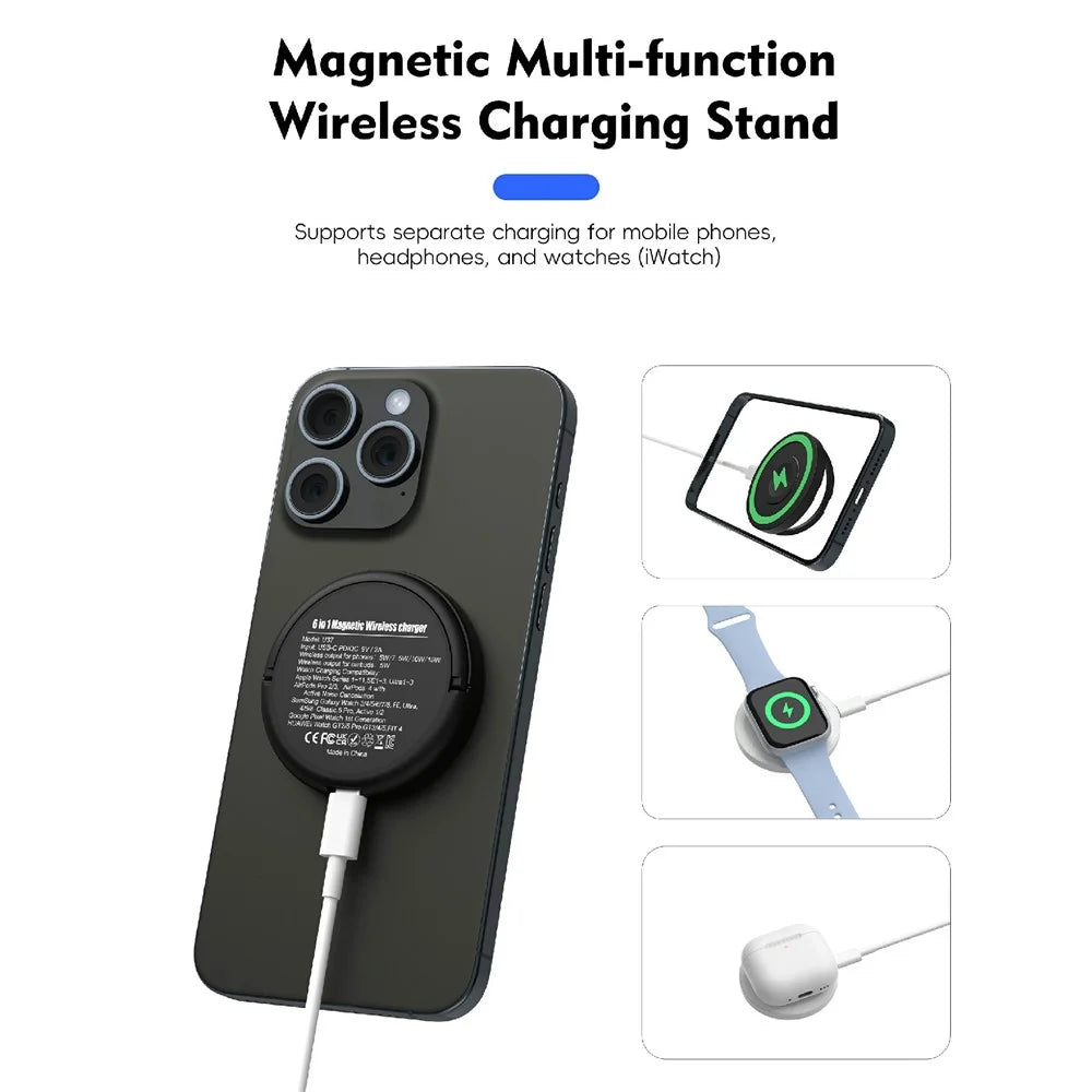 6 in 1 Magnetic Wireless Charger with Stand 15W Max Fast Charging Magnetic Stand - Black - 2