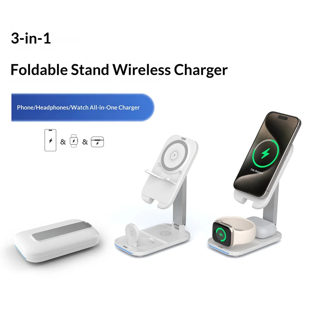 3 in 1 Wireless Charging Station Foldable Stand for iPhone / Apple Watch / AirPods 15W Magnetic Fast Charger - Black - 2