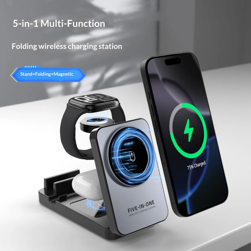 5 in 1 Wireless Charger Station Foldable 15W Fast Charging Stand for Phone/Smart Watch/Earbuds - Grey+Black - 3