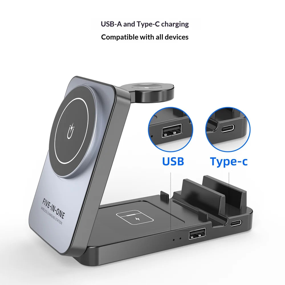 5 in 1 Wireless Charger Station Foldable 15W Fast Charging Stand for Phone/Smart Watch/Earbuds - Grey+Black - 5