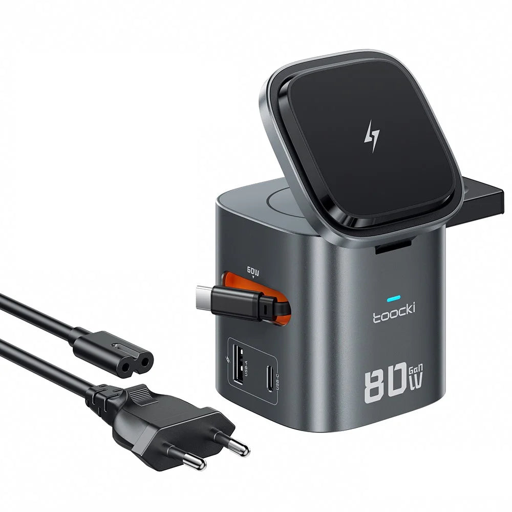 TOOCKI MX-CD15S 80W GaN 6-in-1 Wireless Charging Station Retractable Cable Charging Dock for iPhone MacBook - EU Plug - 1
