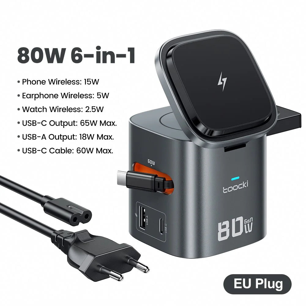 TOOCKI MX-CD15S 80W GaN 6-in-1 Wireless Charging Station Retractable Cable Charging Dock for iPhone MacBook - EU Plug - 2