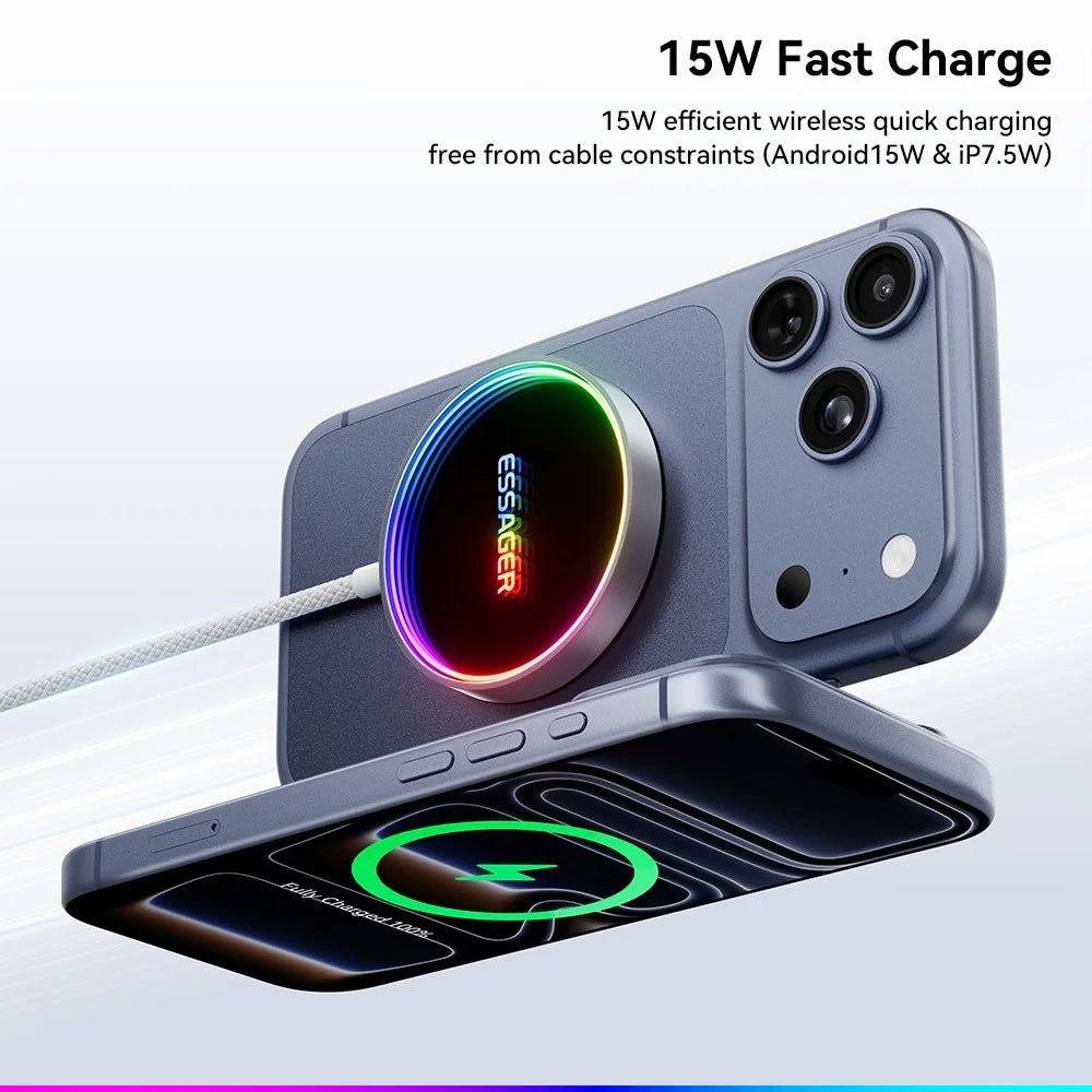 ESSAGER 15W Magnetic Wireless Charger with Dynamic RGB Light Portable Charging Pad - Silver - 6