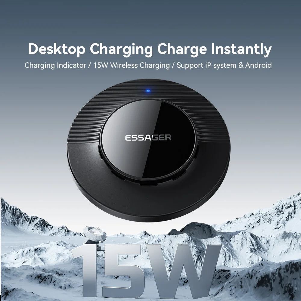 ESSAGER Desktop Wireless Charger Portable 15W Fast Charging Pad with 1m Type-C Cable - Black - 3