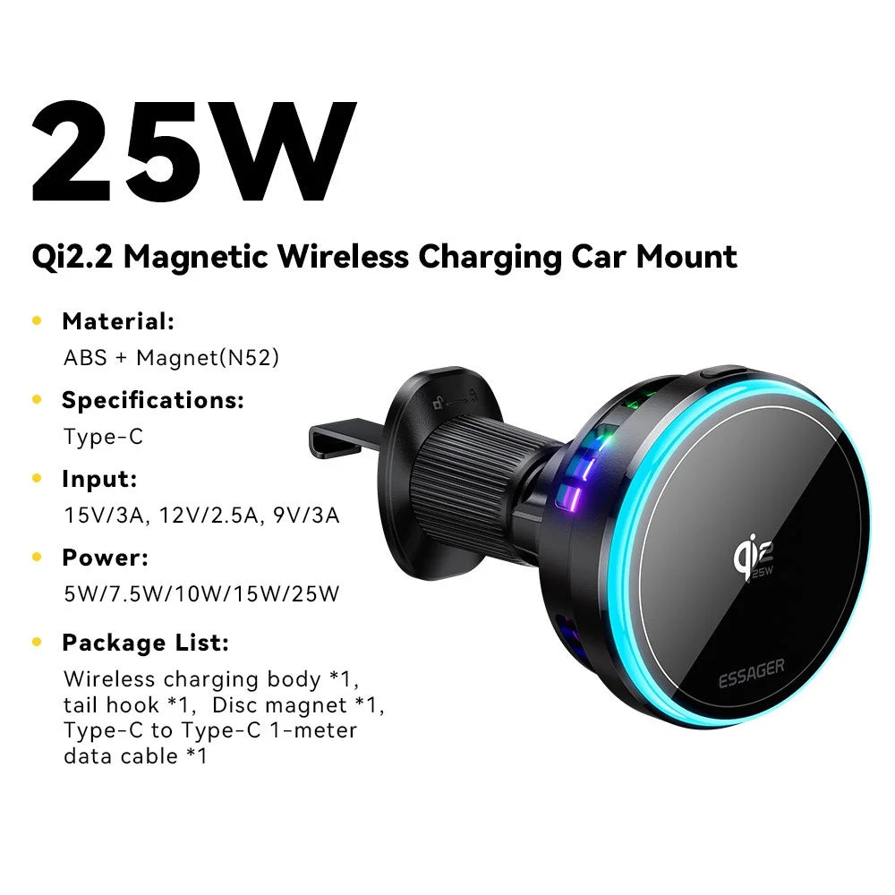 ESSAGER Qi2.2 25W Fast Charging Air Vent Mount Magnetic Wireless Car Charger with RGB Light - Black - 2