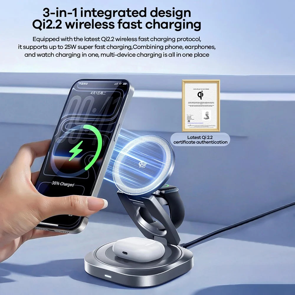 REMAX CW11 3 in 1 35W Foldable Wireless Charger Qi2.2 Magnetic Charging Stand for iPhone AirPods Watch - Dark Grey - 3