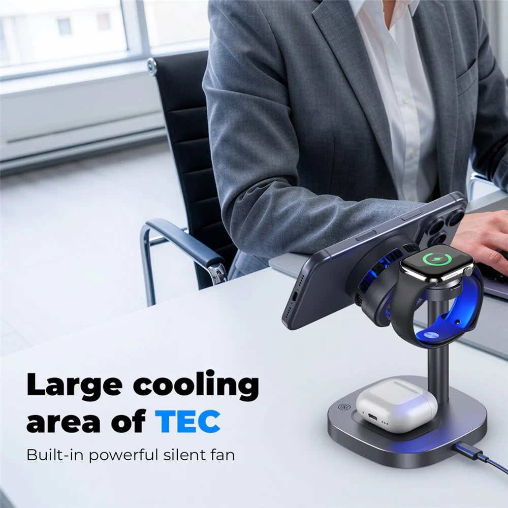 B-36 3 in 1 Magnetic Wireless Charger for iPhone / Apple Watch / AirPods TEC Cooling Qi2.2 25W Fast Charging Dock - Black - 6