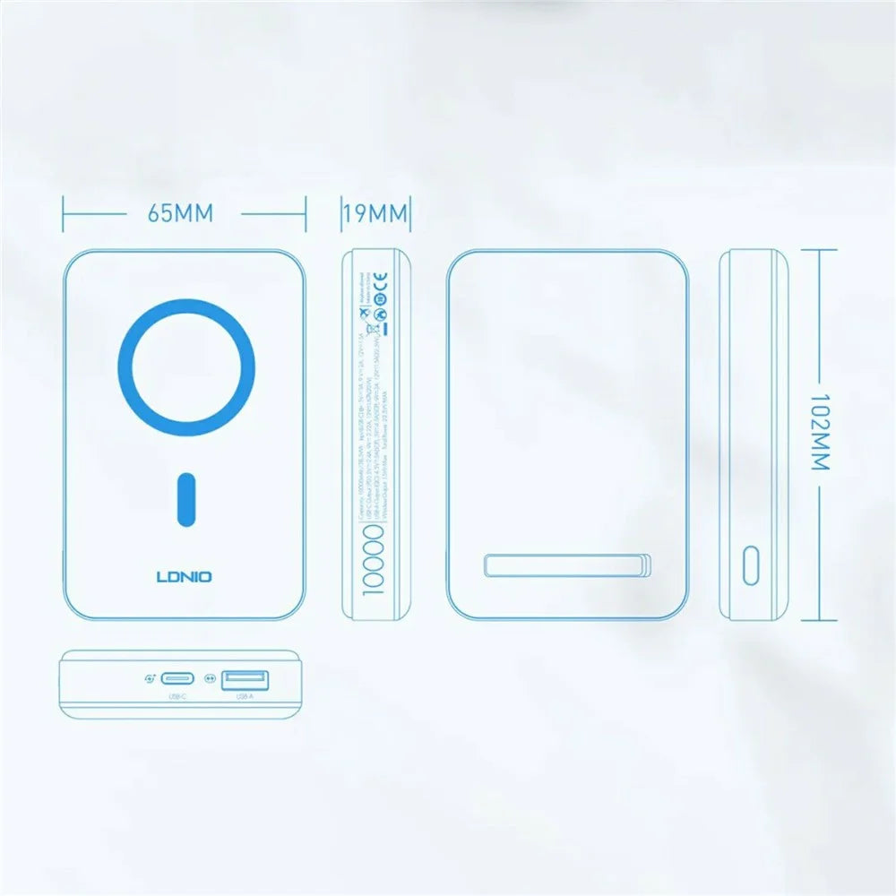LDNIO PQ16 10000mAh Magnetic Wireless Power Bank QC 22.5W PD 20W Fast Charging Charger with Hidden Foldable Stand - White - 6