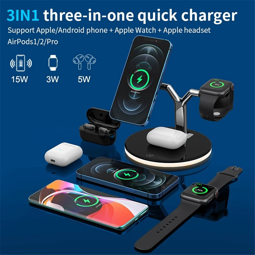 970 For iPhone / Apple Watch / AirPods 3 in 1 Wireless Charger Fast Charging Desktop Stand Cradle with Light - Black - 7