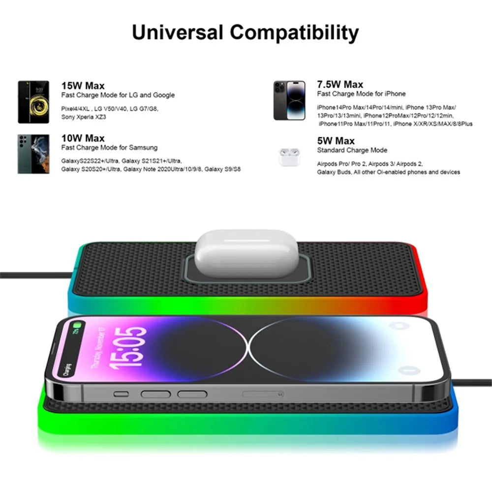 Qi Wireless Charger Phone Charging Pad Auto SUV Ambient Light Design Non-Slip Mat with 0.3m Type-C Cable - 2