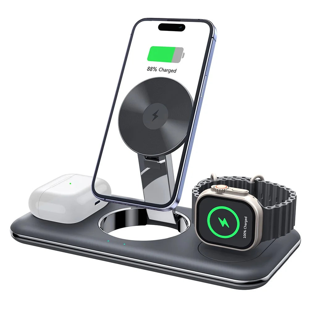 V18 3-in-1 Magnetic Wireless Charger Folding Cell Phone Charging Stand for Earbuds, Smart Watch - Black - 1