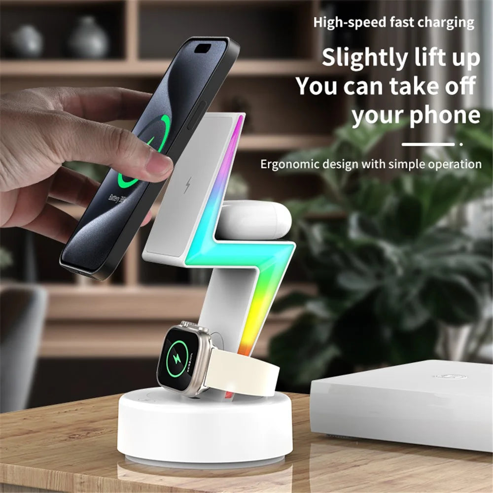 MY002 3-in-1 15W Wireless Charger for Cell Phone, Headset Magnetic Charging Stand with RGB Color Lights - Black - 4