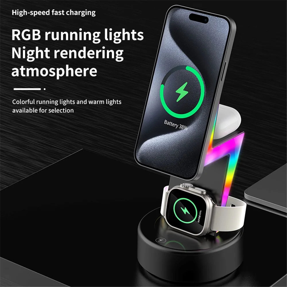 MY002 3-in-1 15W Wireless Charger for Cell Phone, Headset Magnetic Charging Stand with RGB Color Lights - Black - 5