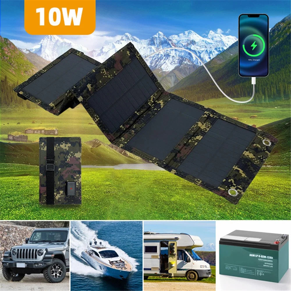 10W 5V Portable Outdoor Solar Power Supply 5 Folding Solar Panels Phone Charging Device, No Cable - Camouflage - 2
