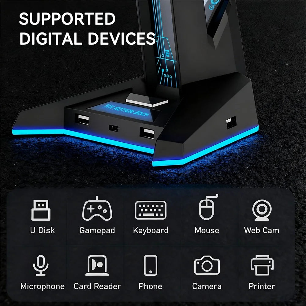 H74 RGB Gaming Headphone Stand 4 Port USB Hub Type-C Desk Organizer with LED Light Gaming Headset Display Stand - Black - 5