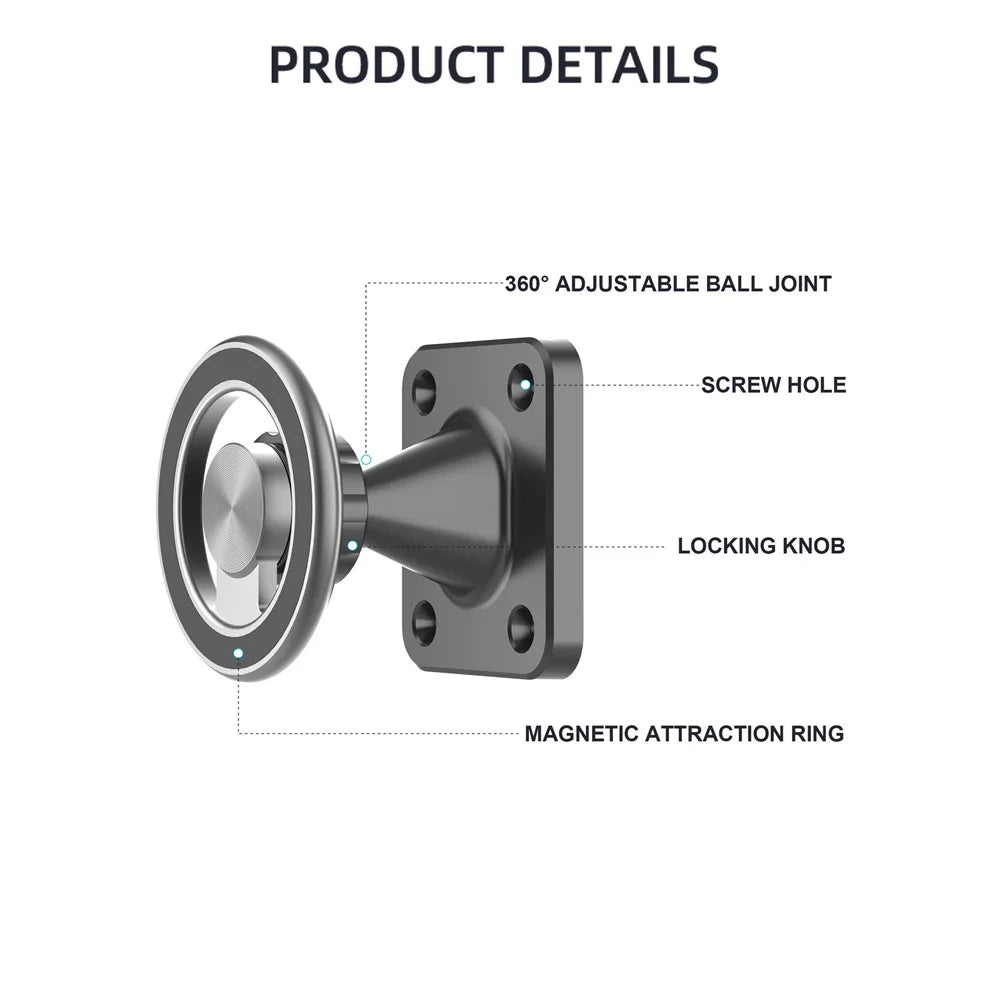 Wall Mounted Double Ring Magnetic Phone Holder 360 Degree Rotation Aluminum Alloy Cellphone Stand - Black - 3