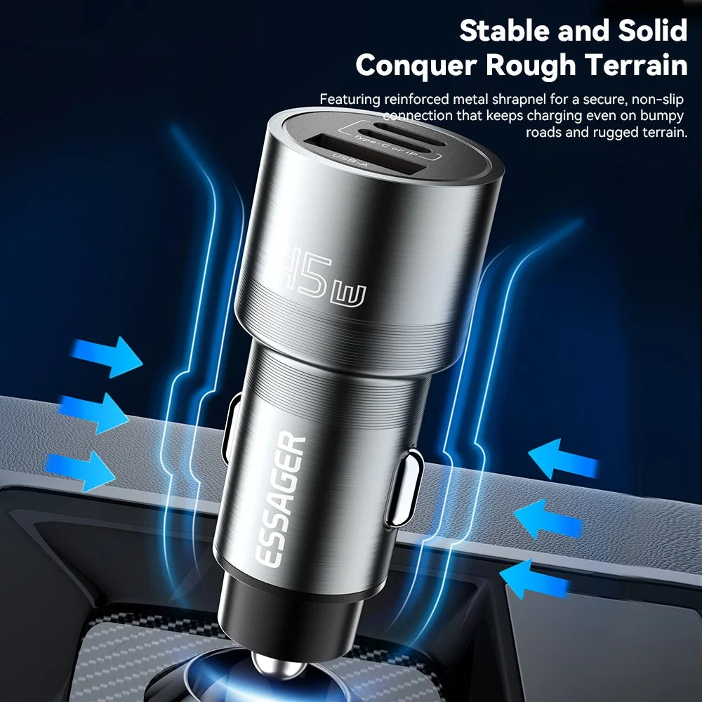 ESSAGER PD 45W Fast Charging Aluminum Alloy Type-C+Ip+USB-A 3-port Car Charger Adapter - Grey - 5