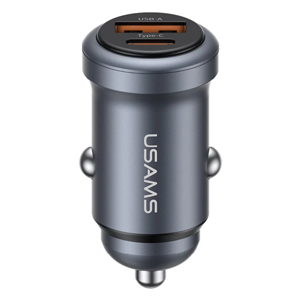 USAMS CC322 30W Car Charger USB-A + USB-C Aluminum Alloy Fast Charging Cigarette Lighter Charger for Vehicle - 1