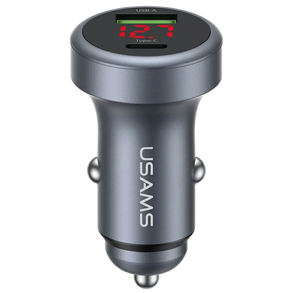 USAMS CC327 C44 USB-A + Type-C Dual Port Car Charger 45W Fast Charging Aluminum Alloy Power Adapter with Voltage Display - 1