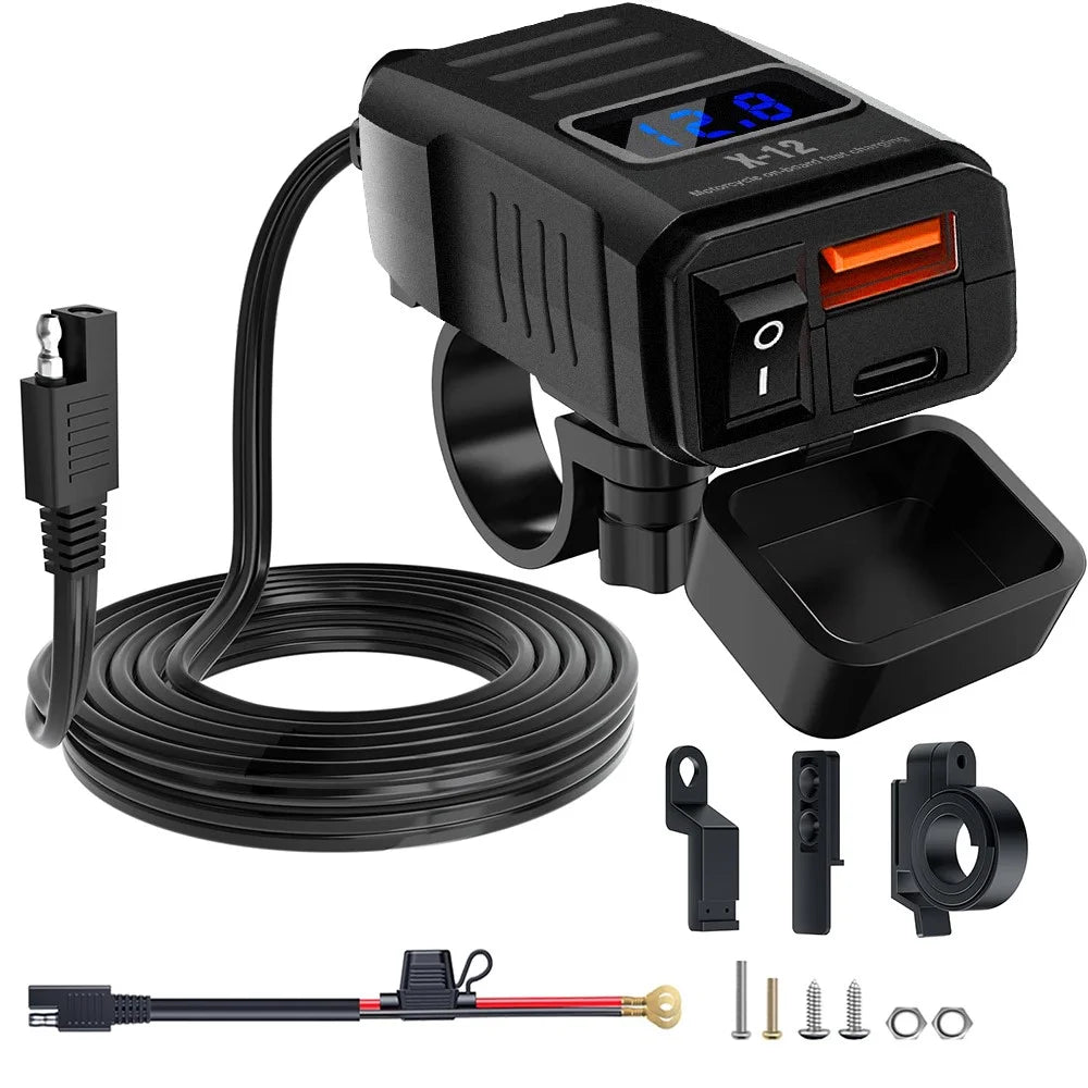 X-12 Handlebar Mount USB + Type-C Motorcycle Charger with Voltage Display Fast Charging Adapter with Switch - Black - 1