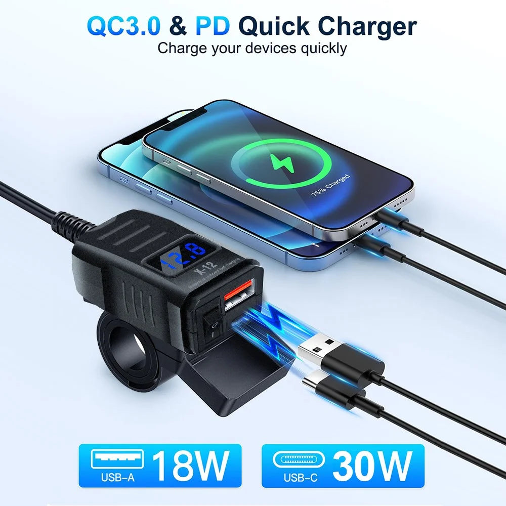 X-12 Handlebar Mount USB + Type-C Motorcycle Charger with Voltage Display Fast Charging Adapter with Switch - Black - 2