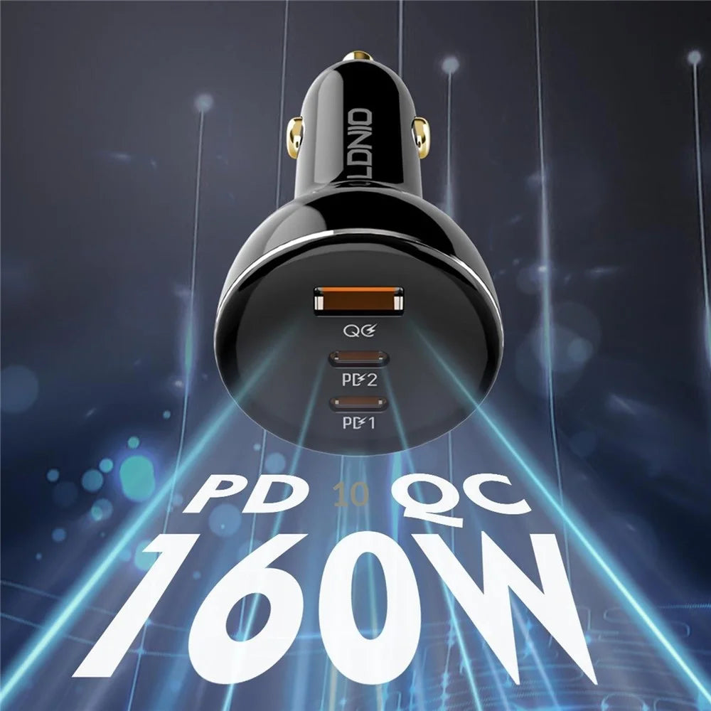 LDNIO C102 160W Car Charger 3-Port PD 100W QC 30W Fast Charging Car Adapter for Laptop Phone - Black - 3