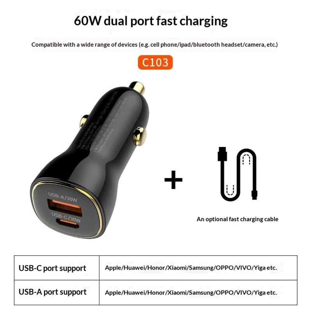LDNIO C103 60W Dual Port Car Charger PD 30W+QC 30W PPS Fast Charging Car Adapter for Phone Tablet - Bla - 2