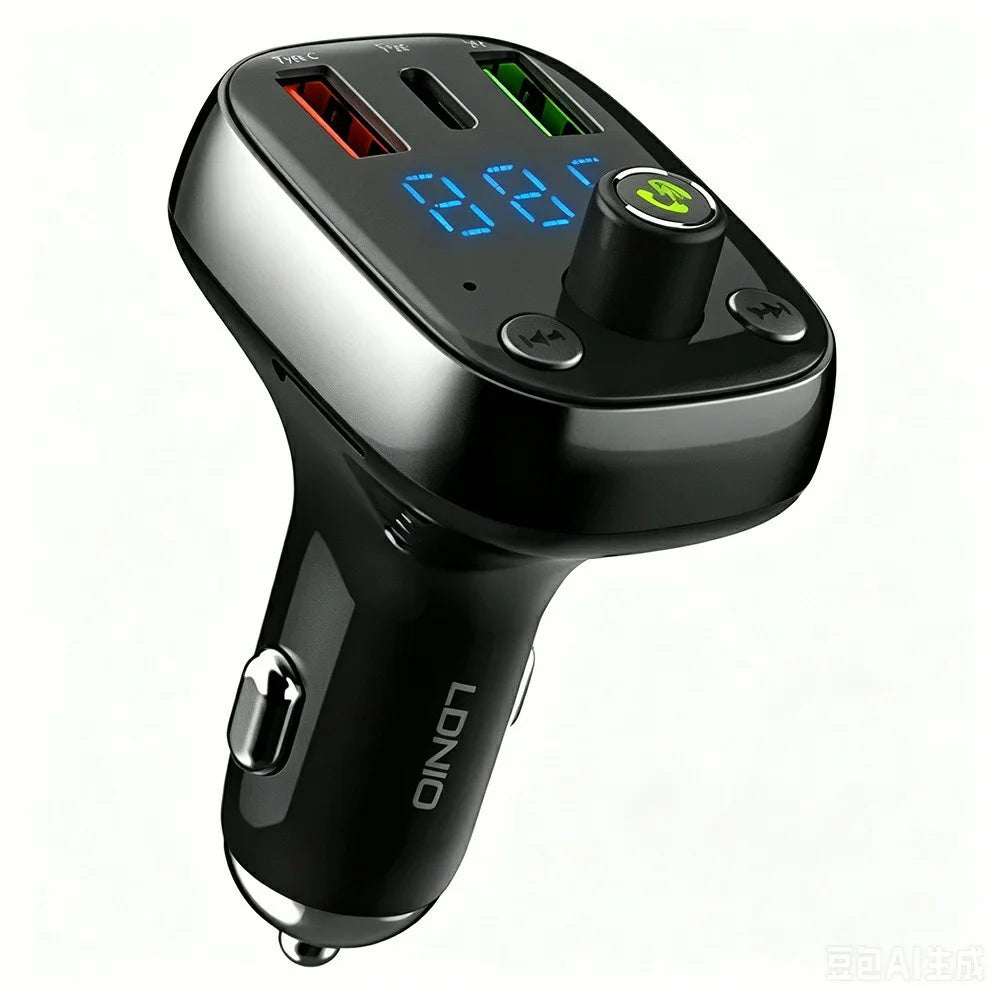 LDNIO C704Q Car Charger with USB Cable Bluetooth-compatible 5.0 FM Transmitter 3 Port PD QC4.0 Auto-ID LED Display Fasting Charging Adapter - Grey - 1