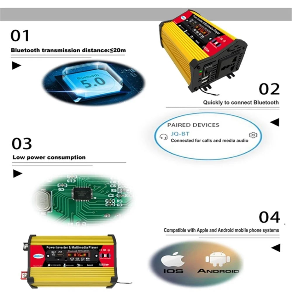 SOLIKETECH 300W Car Power Inverter with Bluetooth / MP3 / FM Multimedia Player 12V-220V Inverter Converter - Yellow Shell - 7