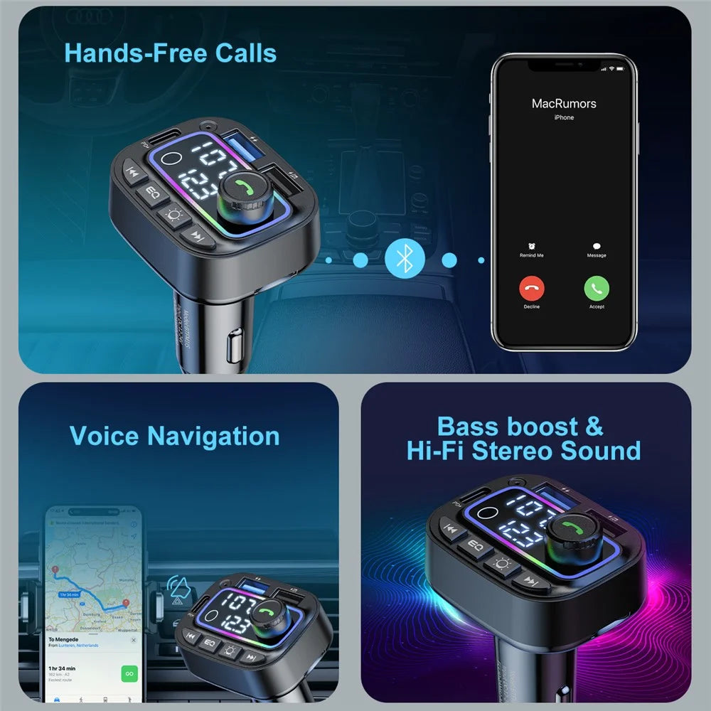 T01 Colorful Light Bluetooth-compatible Hands-Free Call MP3 Player Type-C + Dual USB Car Charger FM Transmitter - 2