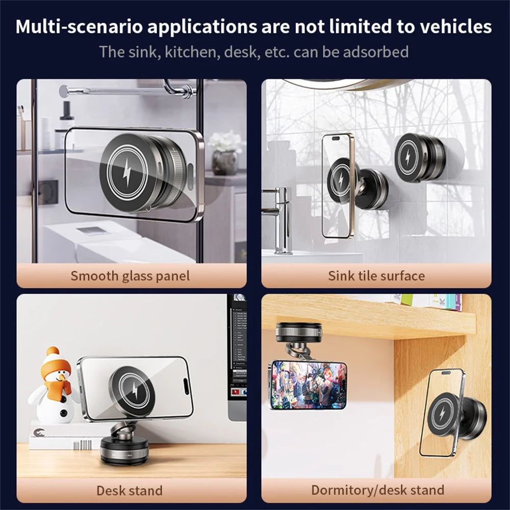 D1W Magnetic Car Phone Holder Wireless Charger 360° Foldable Vacuum Suction Phone Mount Stand - Black - 7