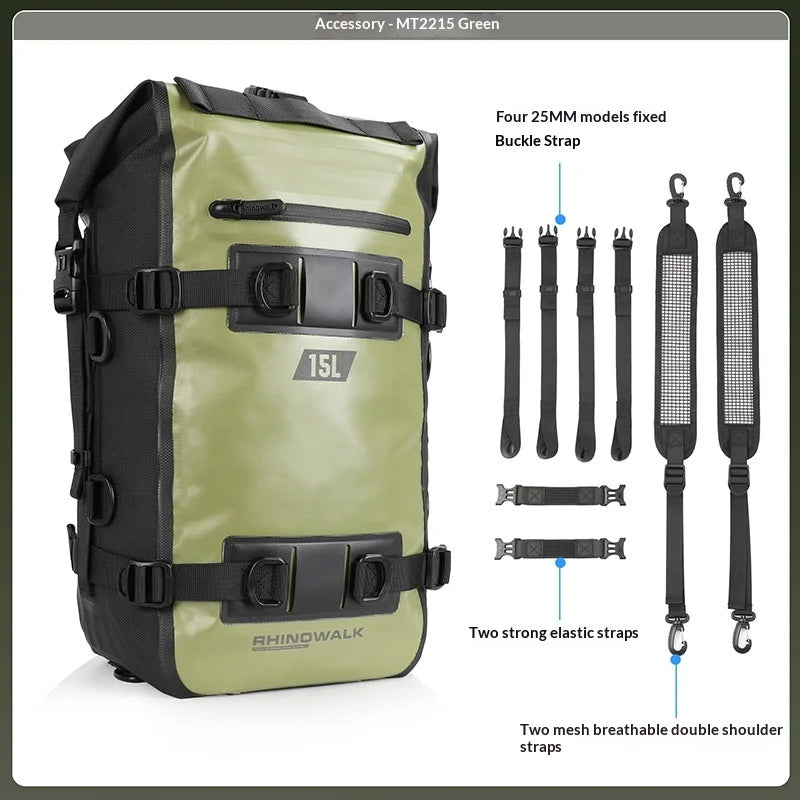 RHINOWALK MT2215 15L Motorcycle Tail Bag Waterproof Rear Seat Cargo Rack Bag for Touring Adventure - MT2215GR Olive Green - 6