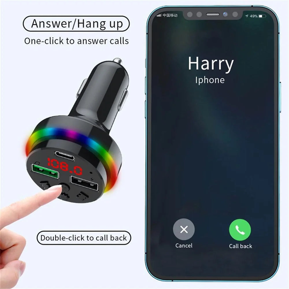 F15 Colorful LED Light FM Transmitter Bluetooth-compatible Hands-free Call MP3 Player Type-C + Dual USB Car Charger Support U-disk / TF Card - 2