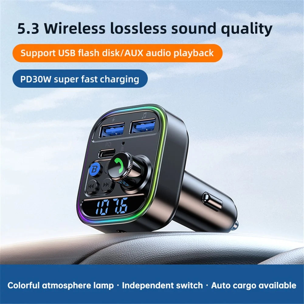 T18 Colorful Light Ring Bluetooth-compatible Hands-free Call MP3 Player Type-C + Dual USB Car Charger FM Transmitter (CE Certified) - 2