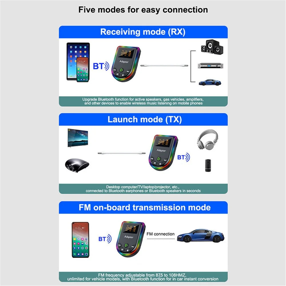 Q5 2-in-1 Bluetooth-compatible 5.3 Audio Adapter with Audio Receiver / Transmitter, Car MP3 Player with Colorful Ambient Light - 3