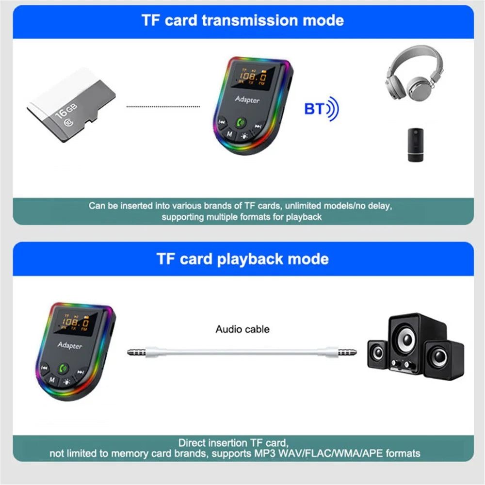 Q5 2-in-1 Bluetooth-compatible 5.3 Audio Adapter with Audio Receiver / Transmitter, Car MP3 Player with Colorful Ambient Light - 4