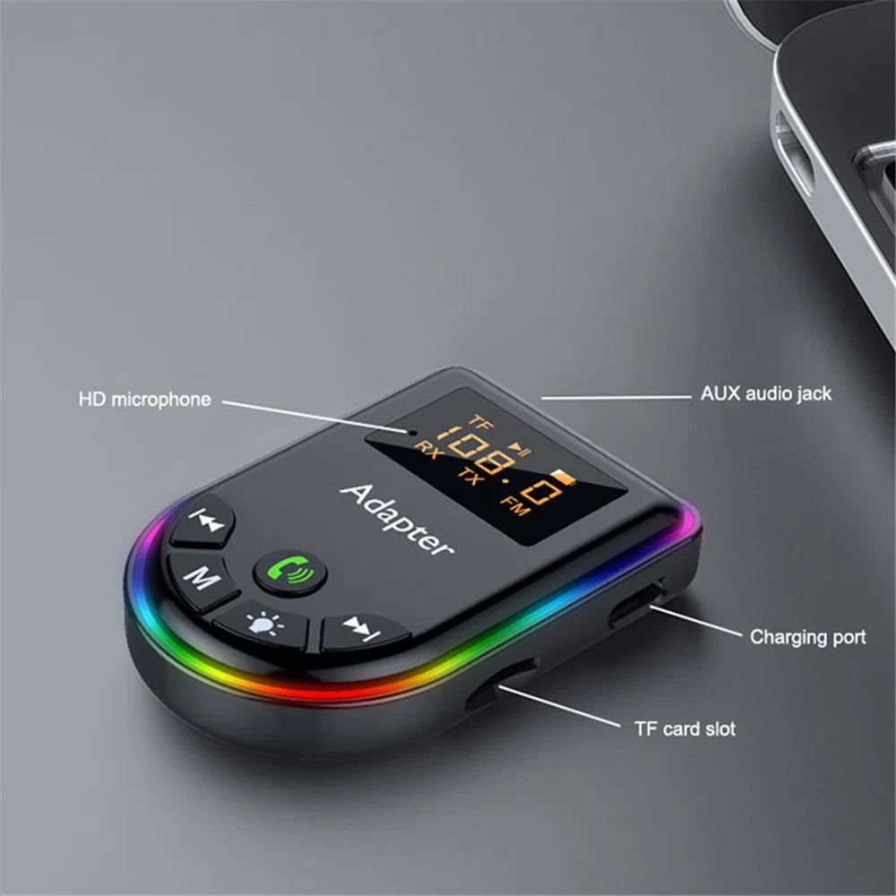 Q5 2-in-1 Bluetooth-compatible 5.3 Audio Adapter with Audio Receiver / Transmitter, Car MP3 Player with Colorful Ambient Light - 6