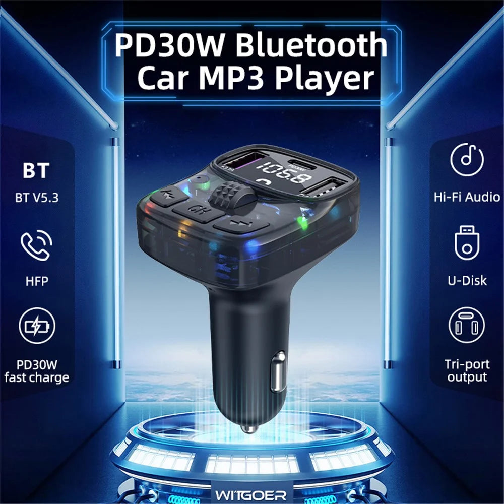 C56 Colorful Light Car Bluetooth-compatible Adapter FM Transmitter MP3 Player PD Type-C + Dual USB Car Charger - 2