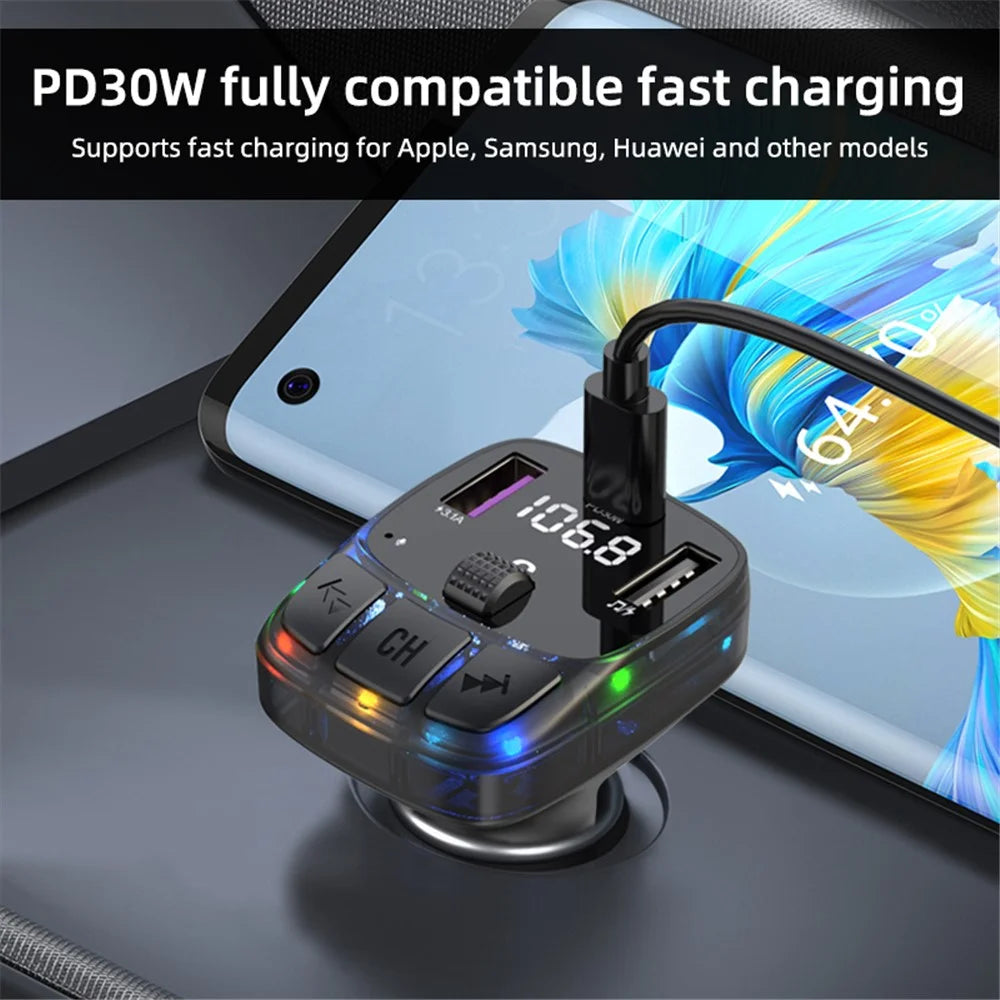 C57 Colorful Light Car Bluetooth-compatible Adapter Hands-free Call MP3 Player FM Transmitter PD Type-C + Dual USB Car Charger - 2