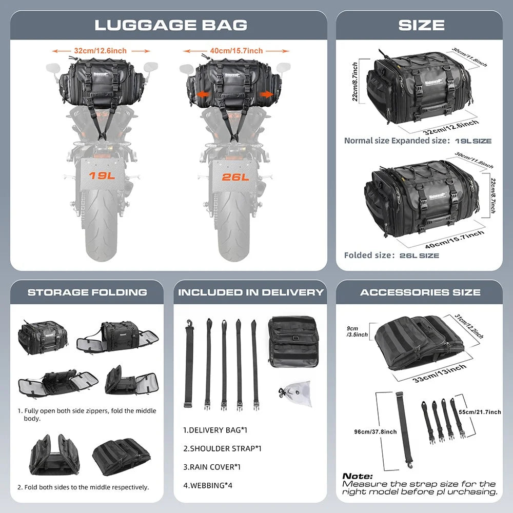 RHINOWALK MT4026 19L Expandable Motorcycle Rear Rack Storage Bag Motorbike Tail Pannier Pack - Black - 3