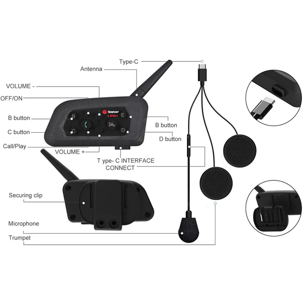 TELEHEER V6 Plus Motorcycle Helmet Bluetooth-compatible Walkie-Talkie with Headset Waterproof BT Wireless Walkie-Talkie Support 1500m Distance - 3