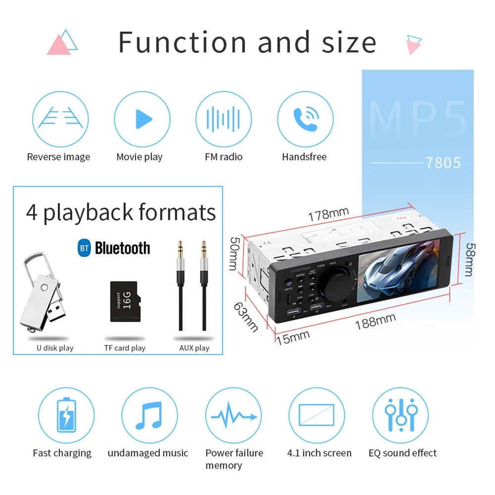 7805 Car Radio MP5 Player HD 4.1-inch Screen FM Stereo Audio with USB Charging Port (No Battery) - 5