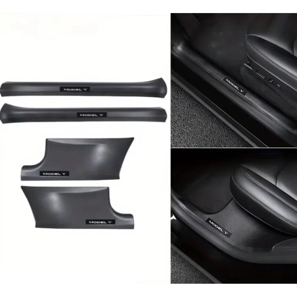 4Pcs For Tesla Model Y Carbon Fiber Texture Front and Rear Door Sill Protector Cover Anti Kick Threshold Strip - 2