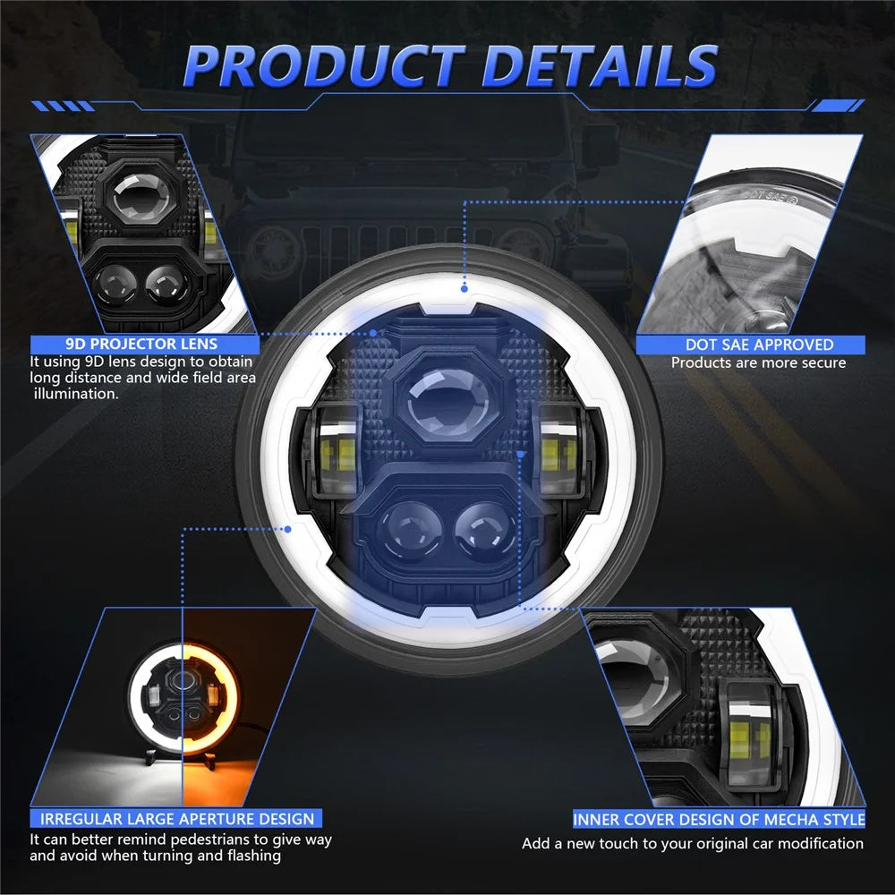 R1 7 Inch Round LED Headlight 4 Modes Off Road Vehicle Headlamp for Motorcycle Classic Cars - 6