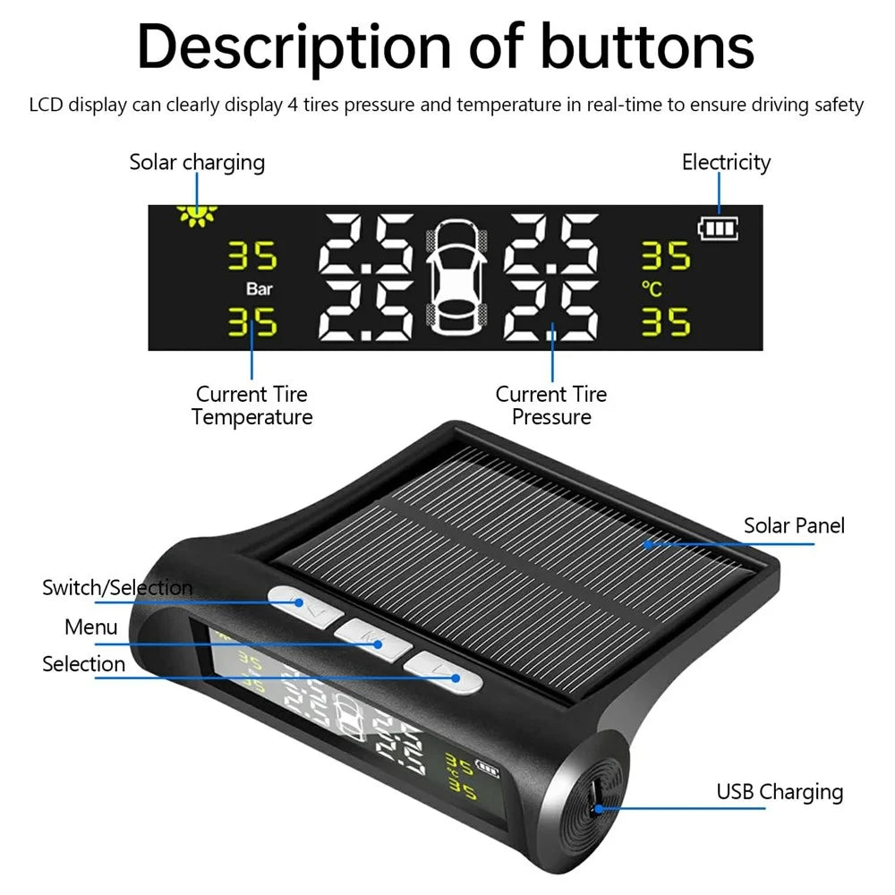 TPMS Tire Pressure Monitor System Solar Powered Wireless Car Tyre Sensor High Low Pressure Alert - 2