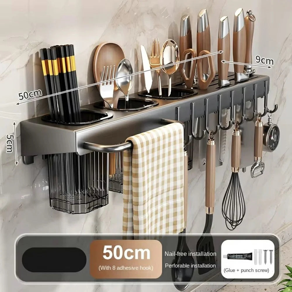 50cm Kitchen Organizer Rack Wall Mounted Spice Holder Knife Storage Towel Bar Multifunction Shelf - Tarnish - 5