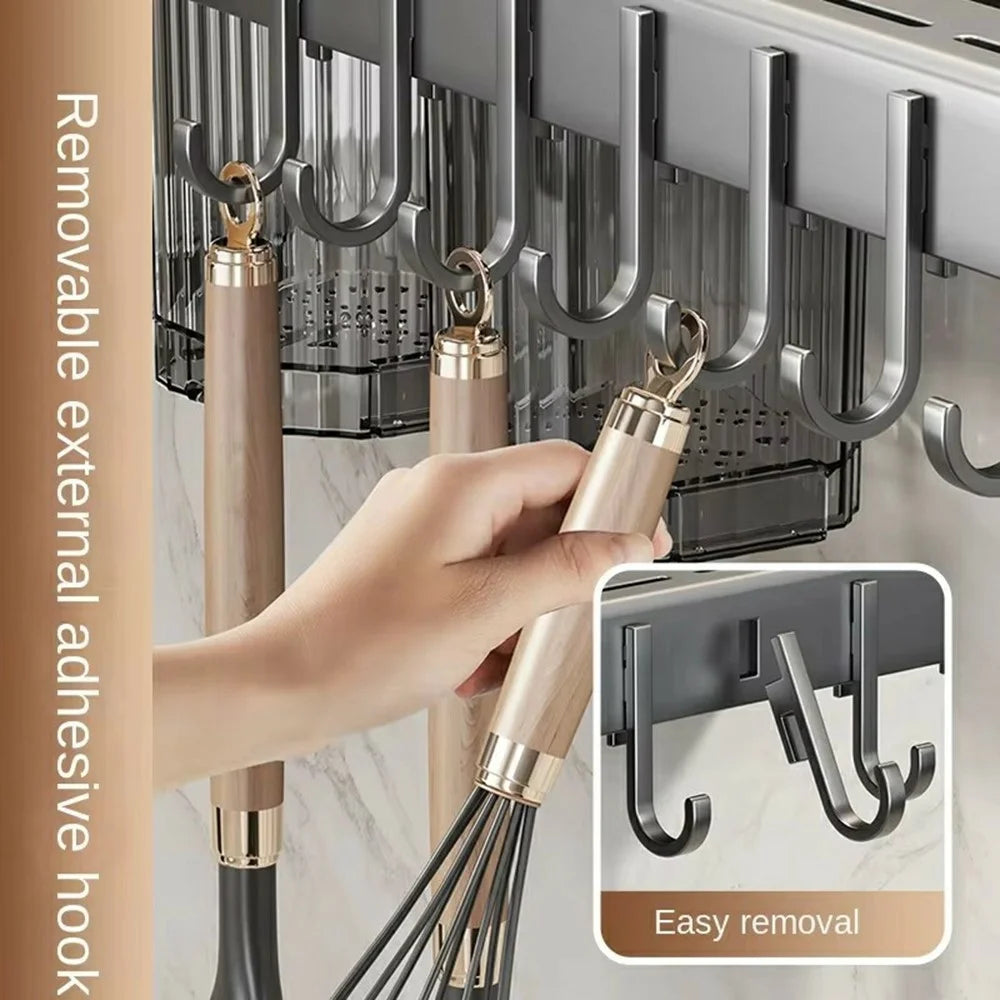 40cm Kitchen Organizer Rack Wall Mounted Spice Holder Knife Storage Towel Bar Multifunction Shelf - Tarnish - 2