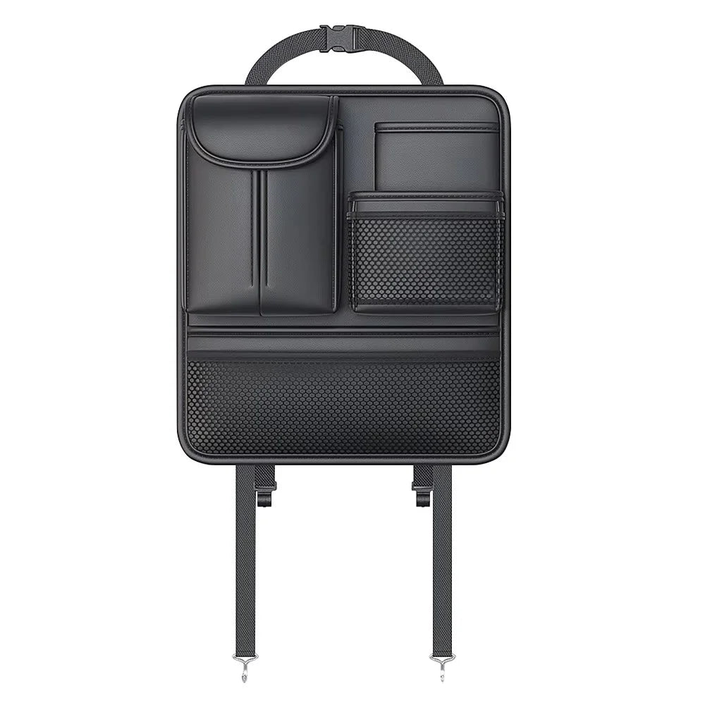 Car Seat Back Organizer Waterproof PU Leather Tissue Holder Multi-Pocket Storage Bag Kick Mat - Black - 1