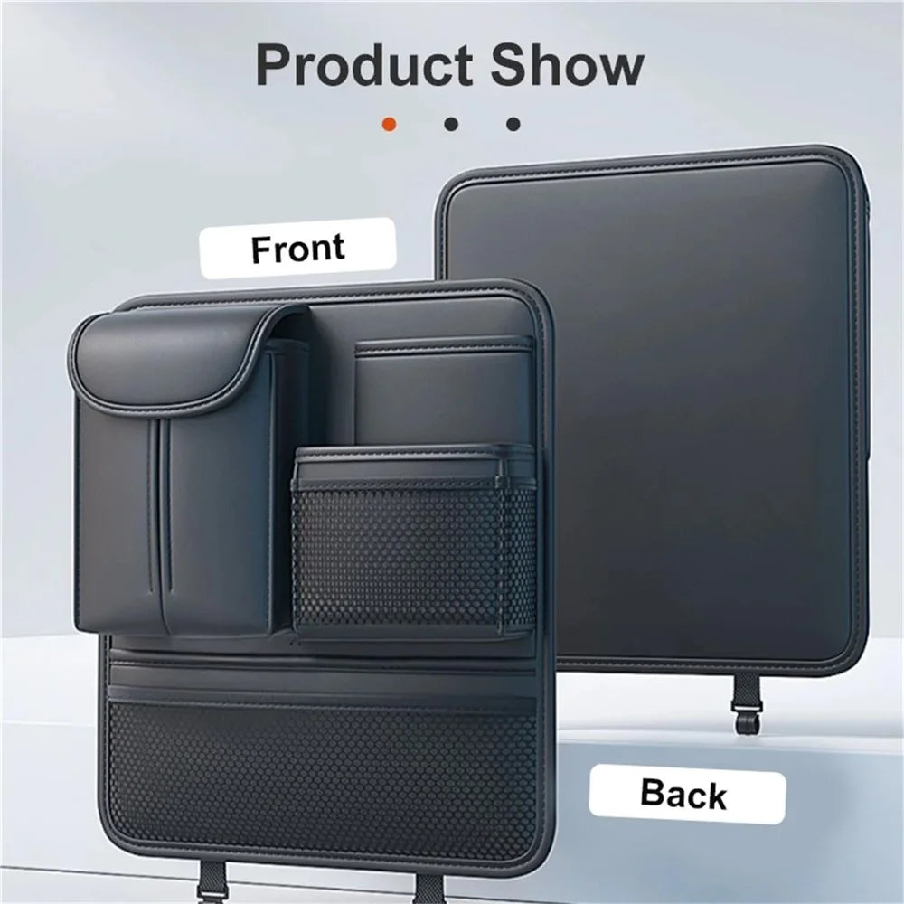 Car Seat Back Organizer Waterproof PU Leather Tissue Holder Multi-Pocket Storage Bag Kick Mat - Black - 2