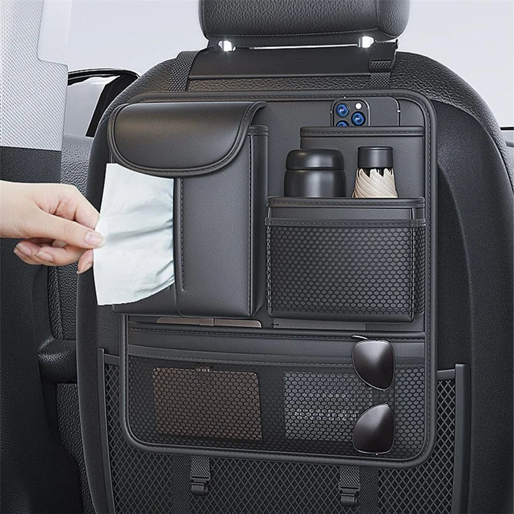 Car Seat Back Organizer Waterproof PU Leather Tissue Holder Multi-Pocket Storage Bag Kick Mat - Black - 4